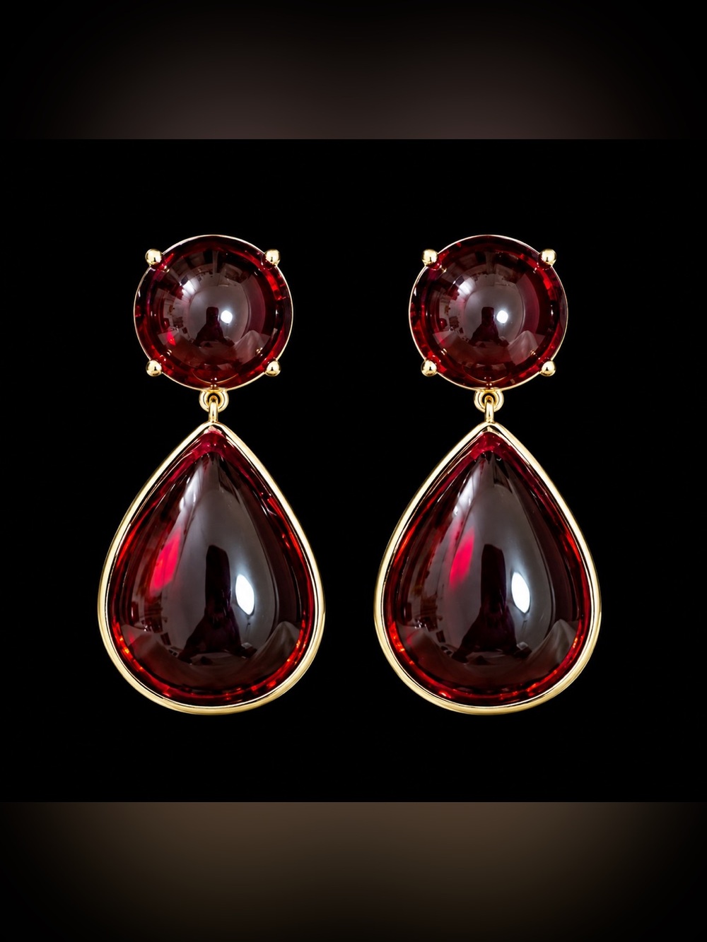 Gold-Tone Teardrop Earrings with Deep Garnet Red Stones - Women Jewelry